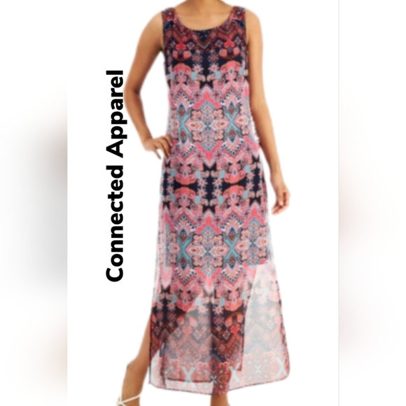 Connected Apparel Pink Floral Abstract Print Navy Lined Summer Shift Dress Sz 10 - Picture 1 of 15